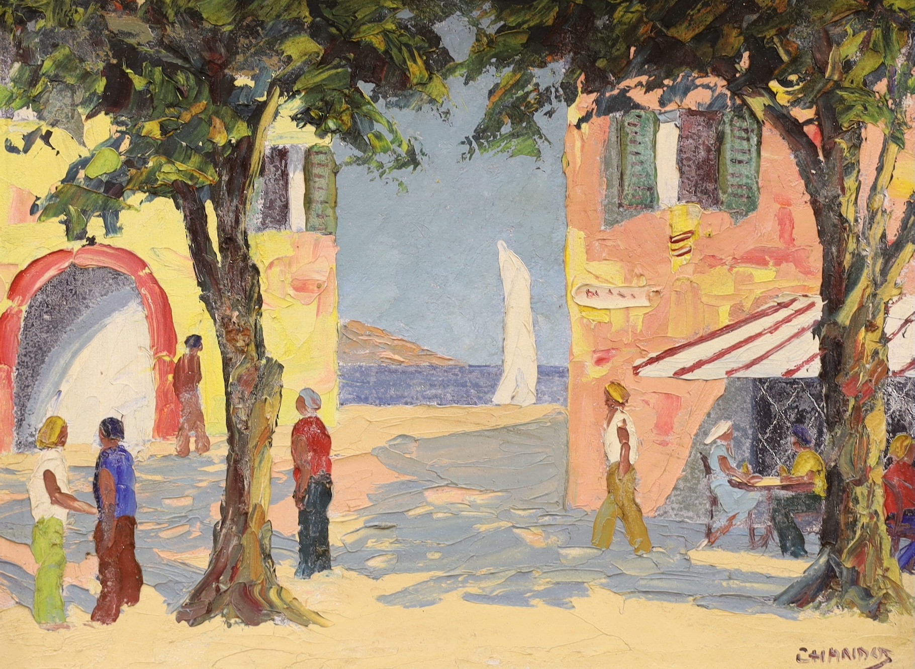 Chandos, oil on board, Riviera scene, signed, 29 x 39cm